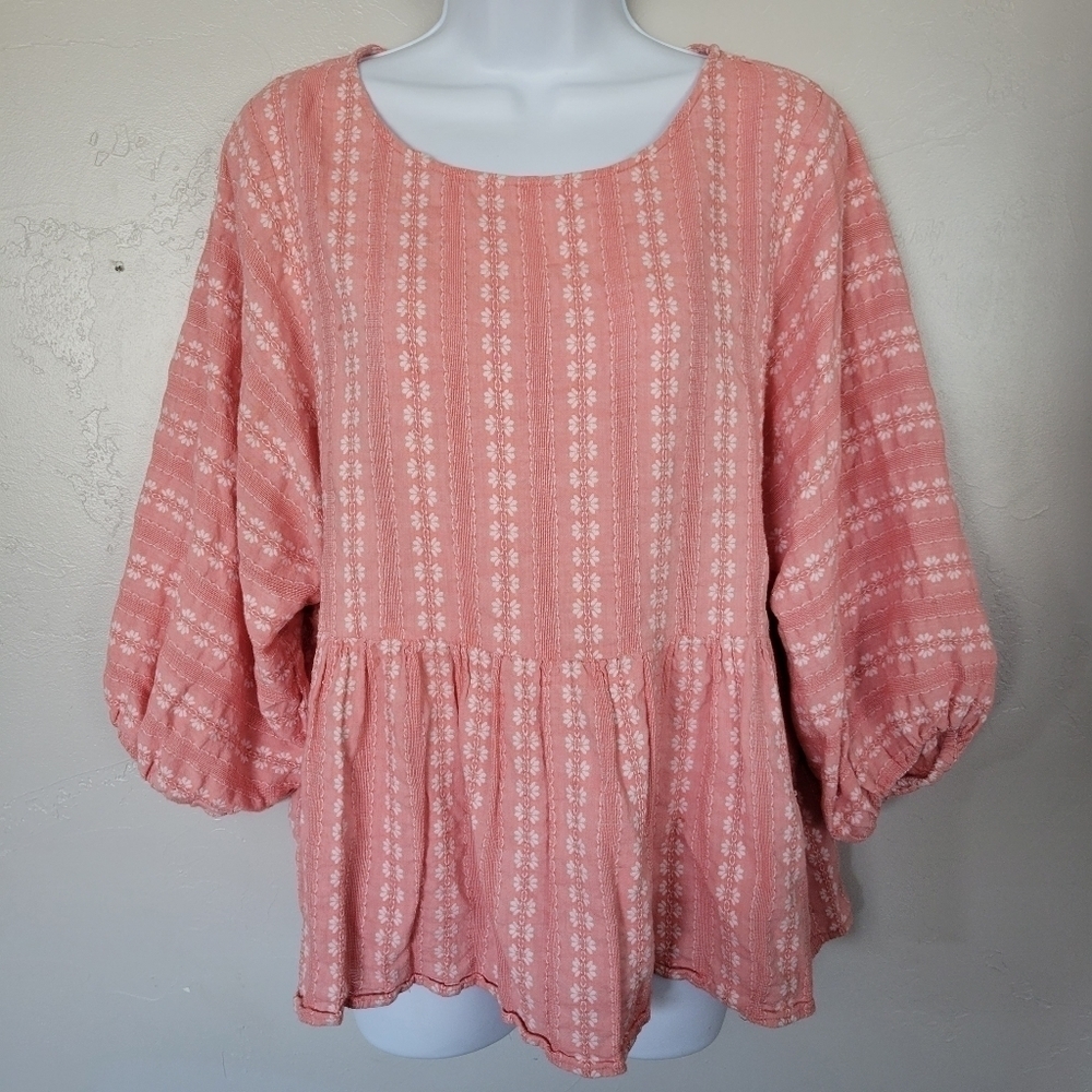 Melissa Paige Coral Pink Blouse White Floral Stripes Peplum Top Women's Large